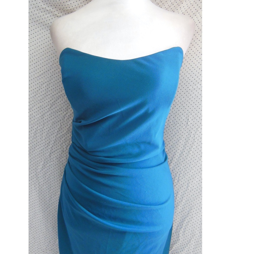 NWT Katie May DARK TEAL Ashun STRAPLESS Ruched Back CUTOUT Slit MIDI DRESS M - Picture 4 of 8